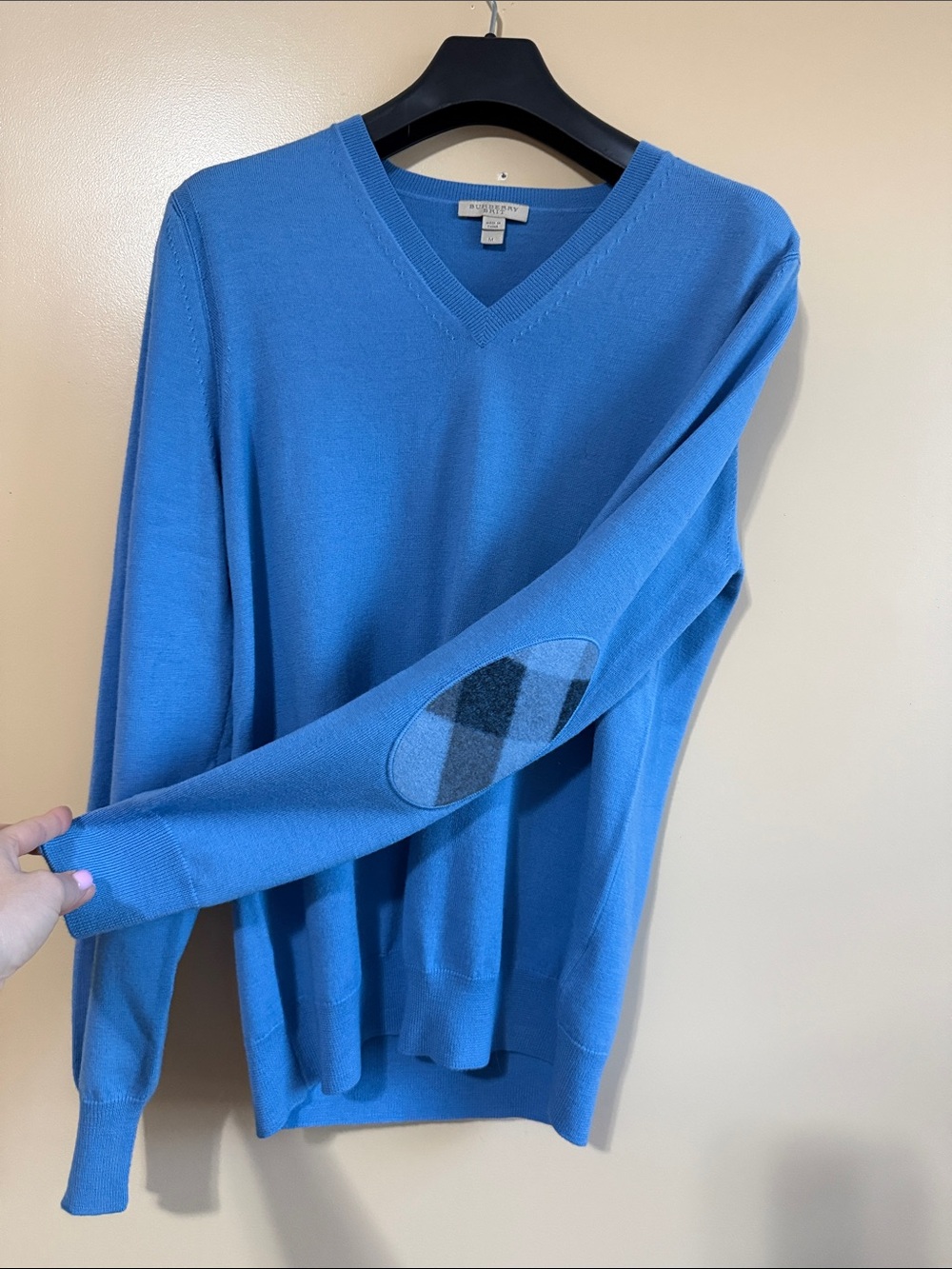 Burberry Bright Blue V-Neck Sweater with Argyle Elbow Patches